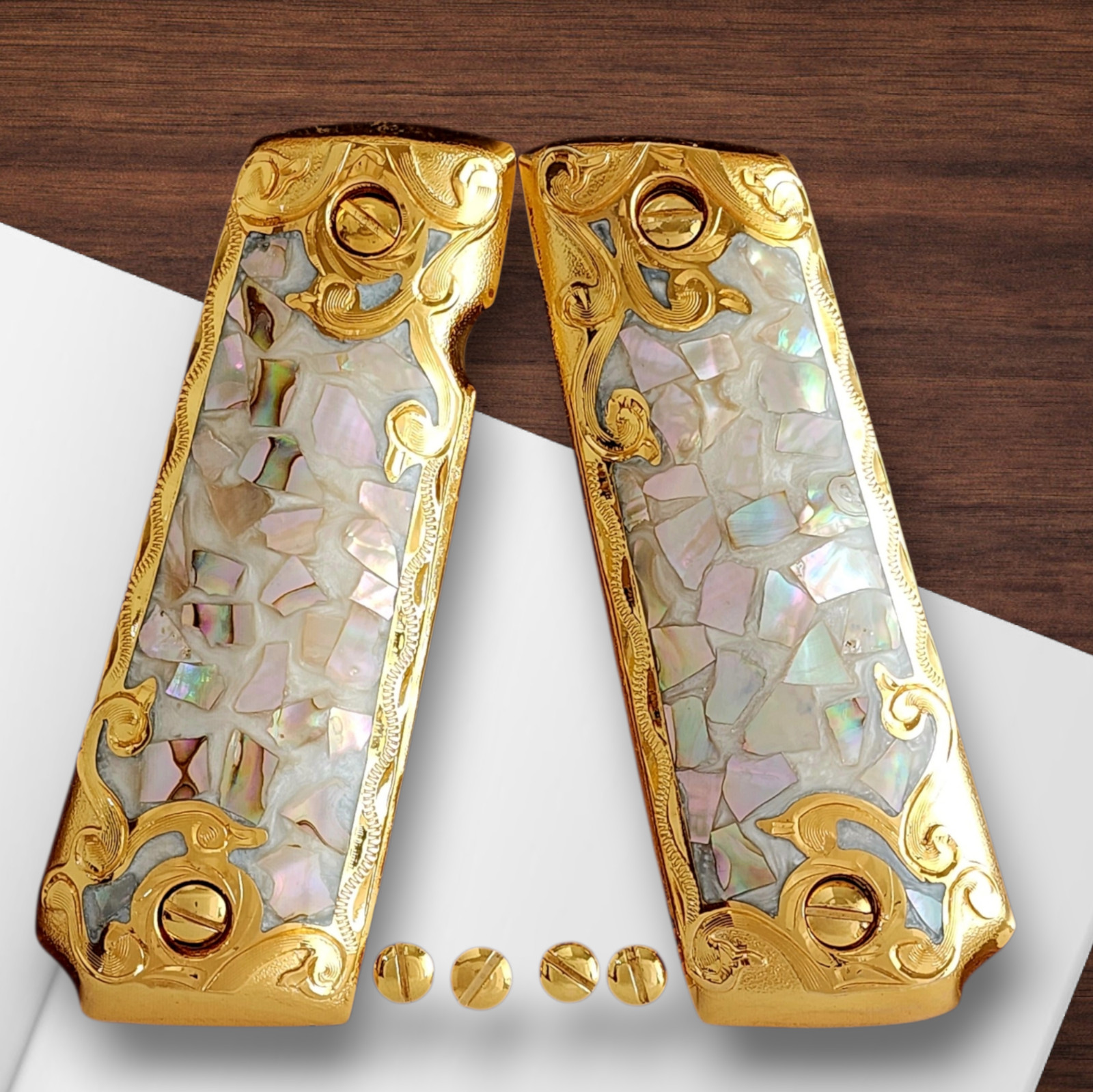 Premium Mother of Pearl 1911 Gun Grips Cachas Mexicanas Rameadas 24k Gold plated