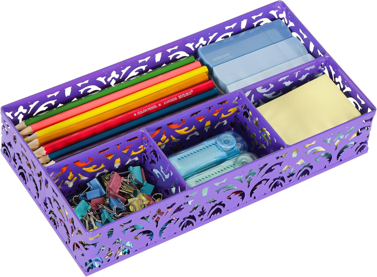 Desk Drawer Organizer with 4 Compartments, Carved Hollow Floral Metal Tray for O