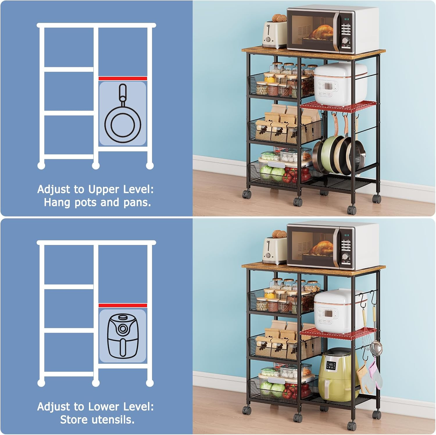 Rolling Kitchen Storage Microwave Cart, Kitchen Island with Adjustable Shelf on