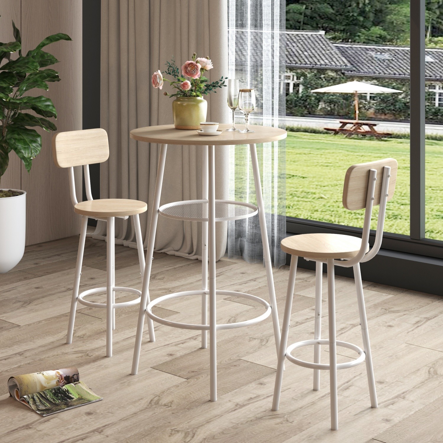 Modern 3 Piece Bar Table Set Counter Height Dining Kitchen Table w/ 2 Bar Stools