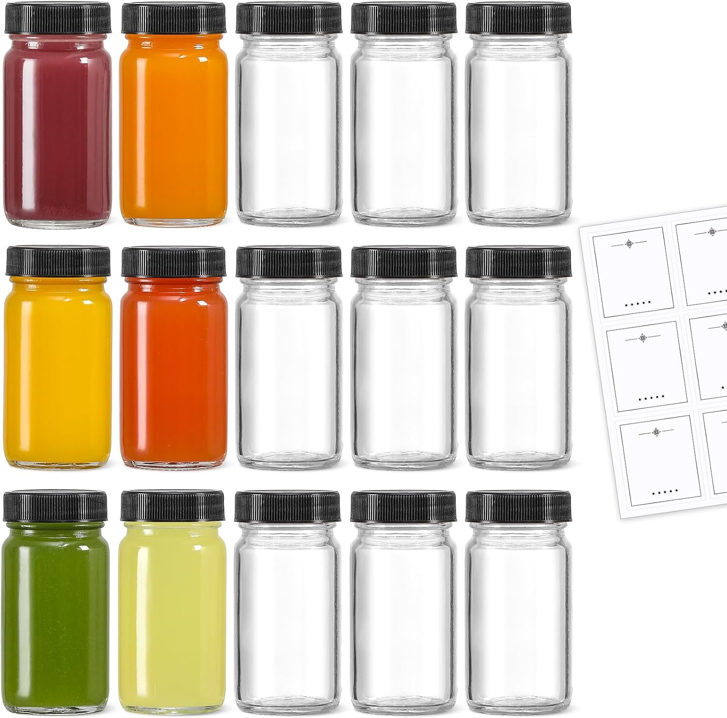 15 packages of 2 oz. mini glass bottles (with black lids and 15 labels)