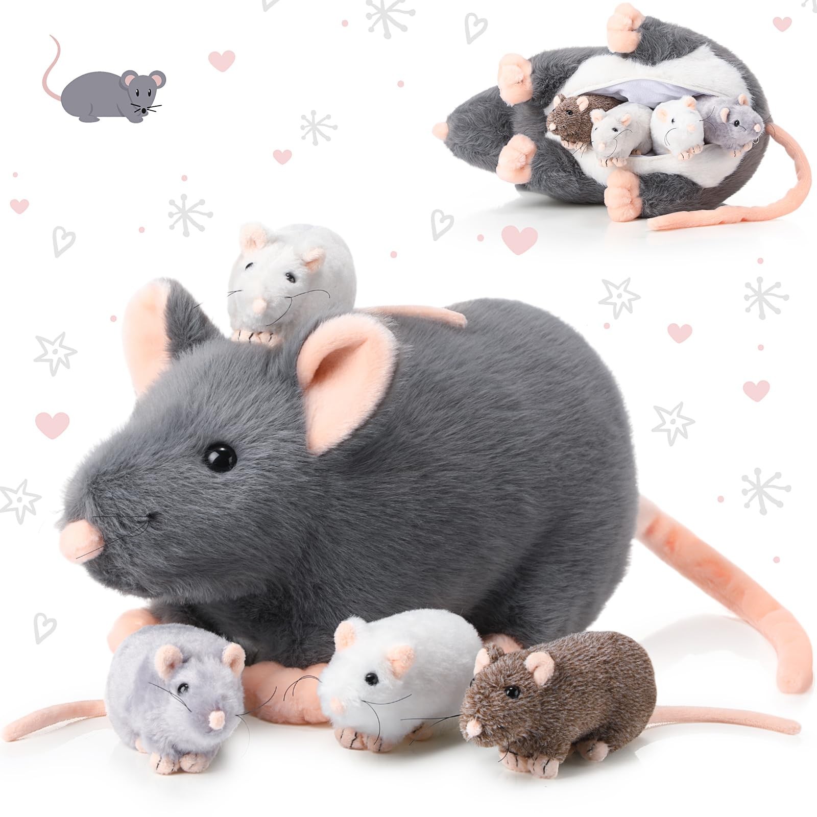 Arrowbash 5 Pcs Mouse Stuffed Animal Set - 14" Mommy Rat Plush with 4 Small Mice