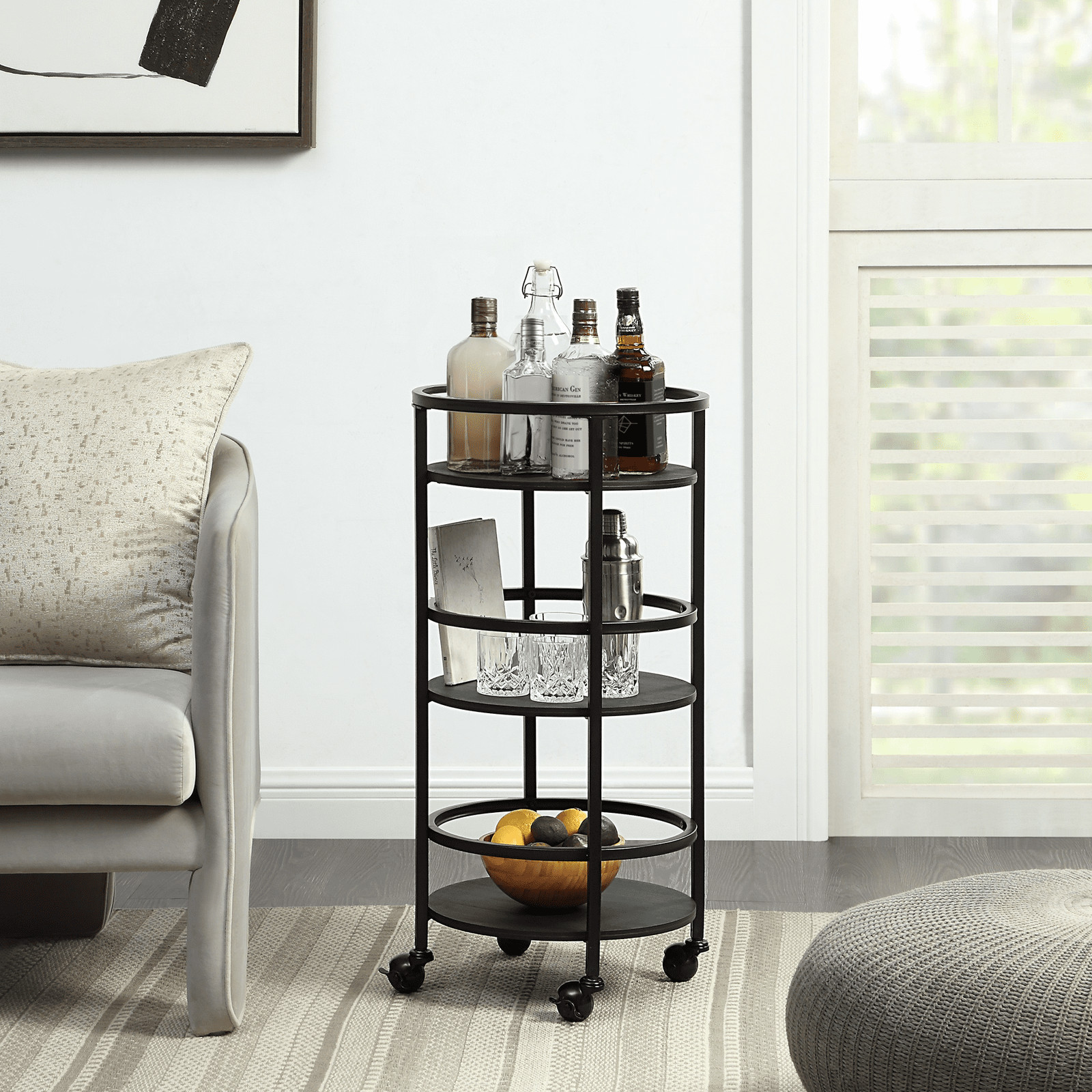 32" 3-Tier Rolling Round Kitchen Storage Bar Cart, Black