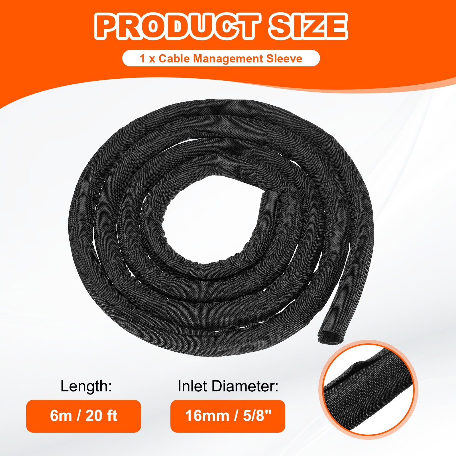 Wire Split Braided Cable Management Sleeve, Black (5/8" - 20 Feet)