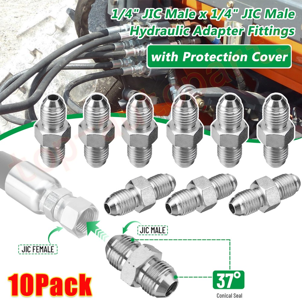 10 Pack Hydraulic Hose Adapter Fittings: 1/4" JIC Male x 1/4" JIC Male w/ Cover