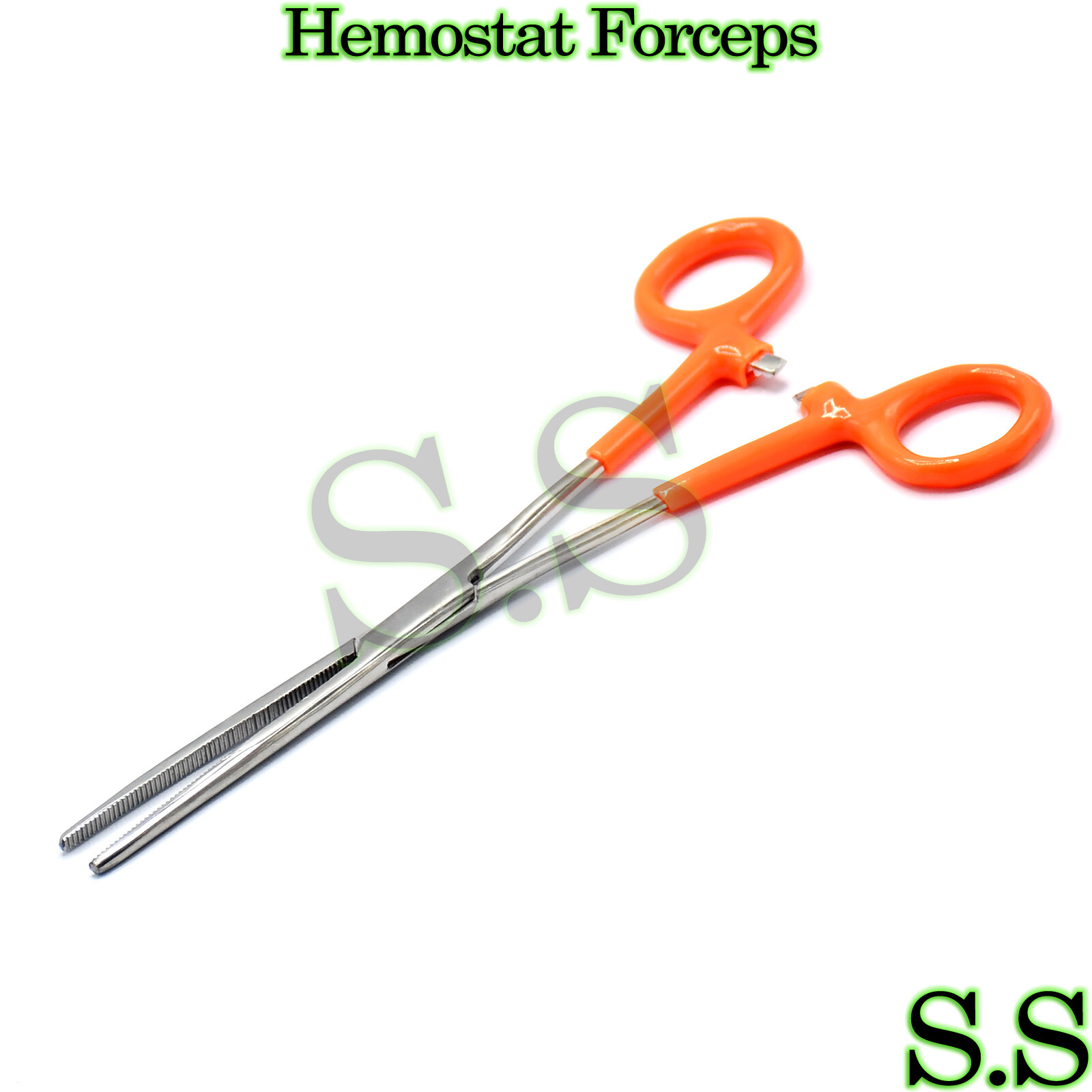 Hemostat Forceps Orange Vinyl Grip Handle Straight Stainless Steel Serrated 8"
