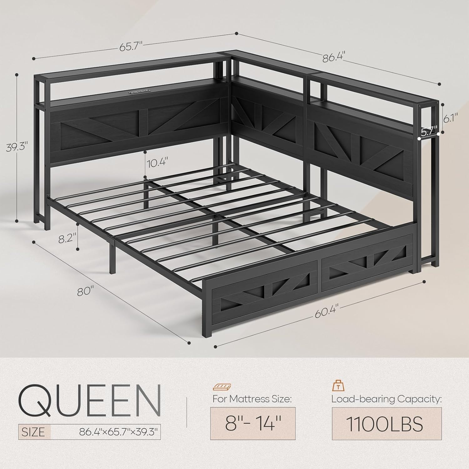 Corner Queen Size Bed Frame with Headboard and Storage Bookcase Large Capacity F