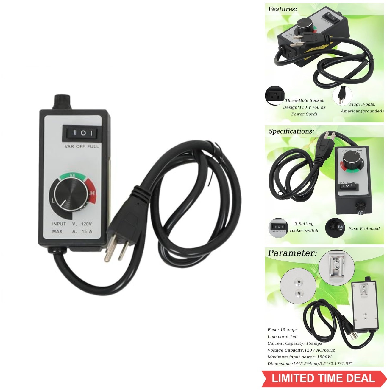 Variable Speed Controller AC 120V 15A Fan Router Rheostat Electric Motor Plug-In