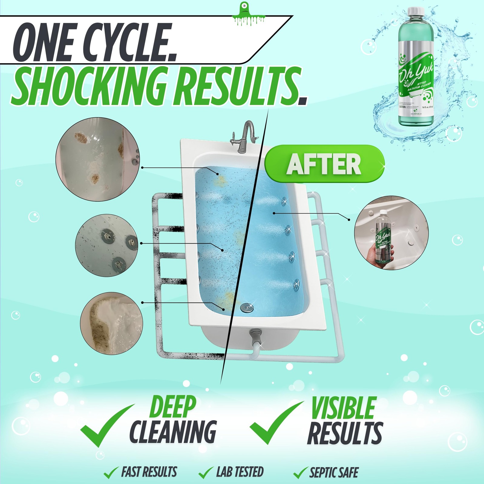 Oh Yuk Jetted Tub Cleaner for Jacuzzis, Bathtubs, 16 Fl Oz (Pack of 1), Green