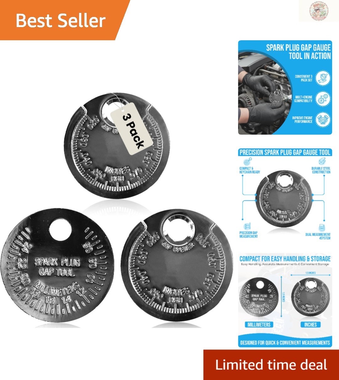 Portable 3-Pack Spark Plug Gap Gauge - SAE & Metric Measurements for Mechanics