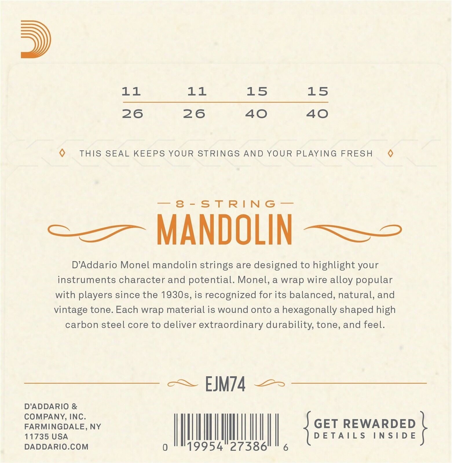 D'Addario Mandolin Strings Loop End Monel EJM74 11-40