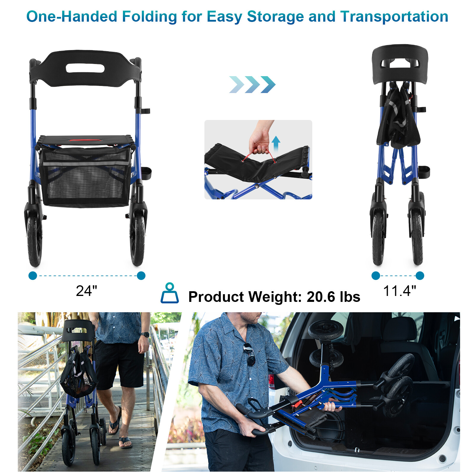 MAXWALK Rollator Walker 12in All Terrain Wheels W/ Folding Backrest Adjust Blue