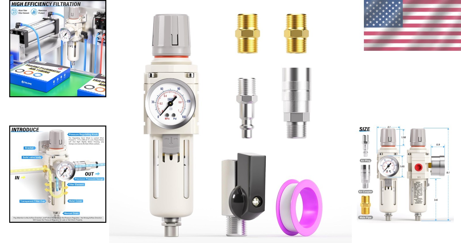 3/8" NPT Air Filter Regulator Combo with Gauge