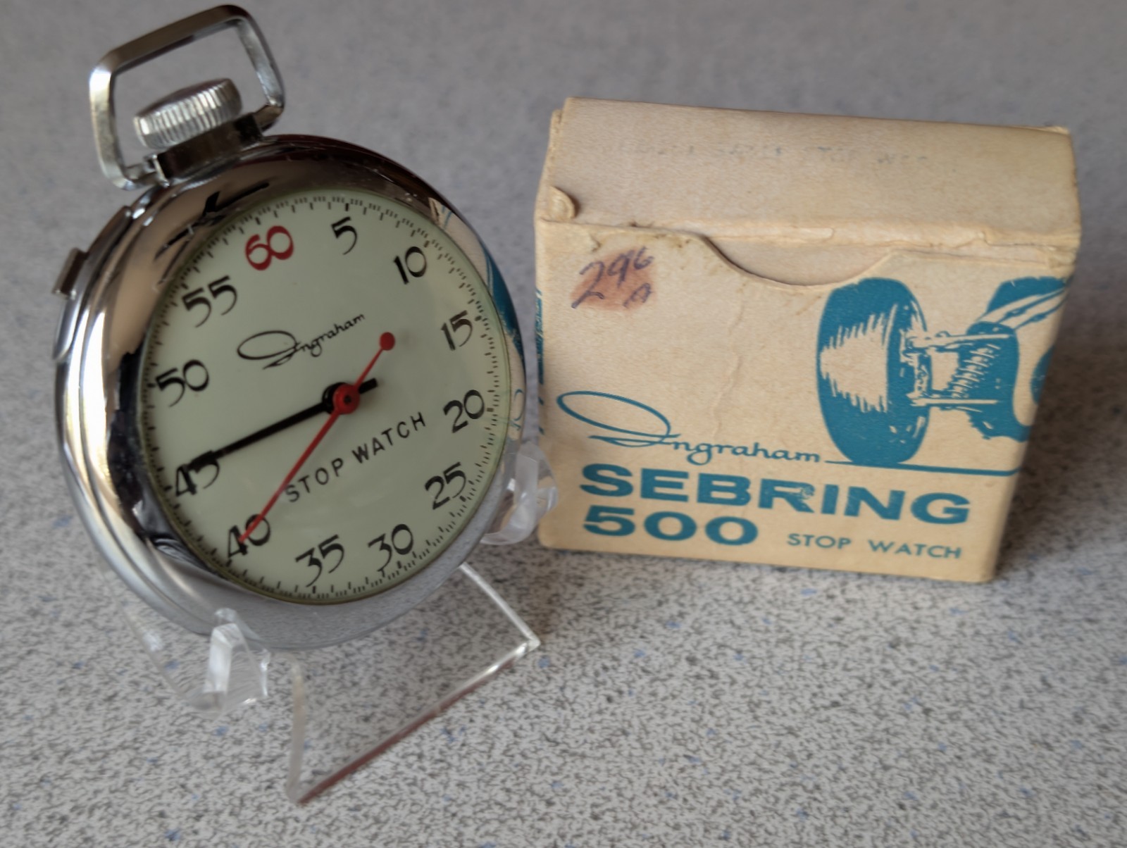 VINTAGE INGRAHAM "SEBRING 500" MECHANICAL 49MM TIMER  STOPWATCH w/BOX~ WORKING