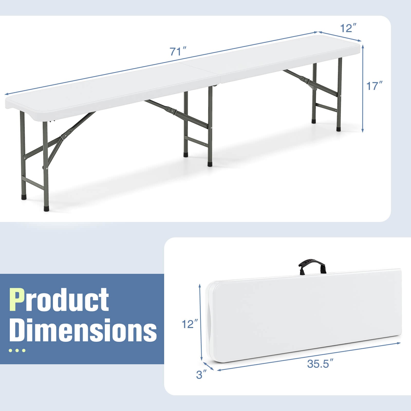 3 PCS Folding Picnic Table Set with 6 ft Table & 2 Benches HDPE Tabletop Bench