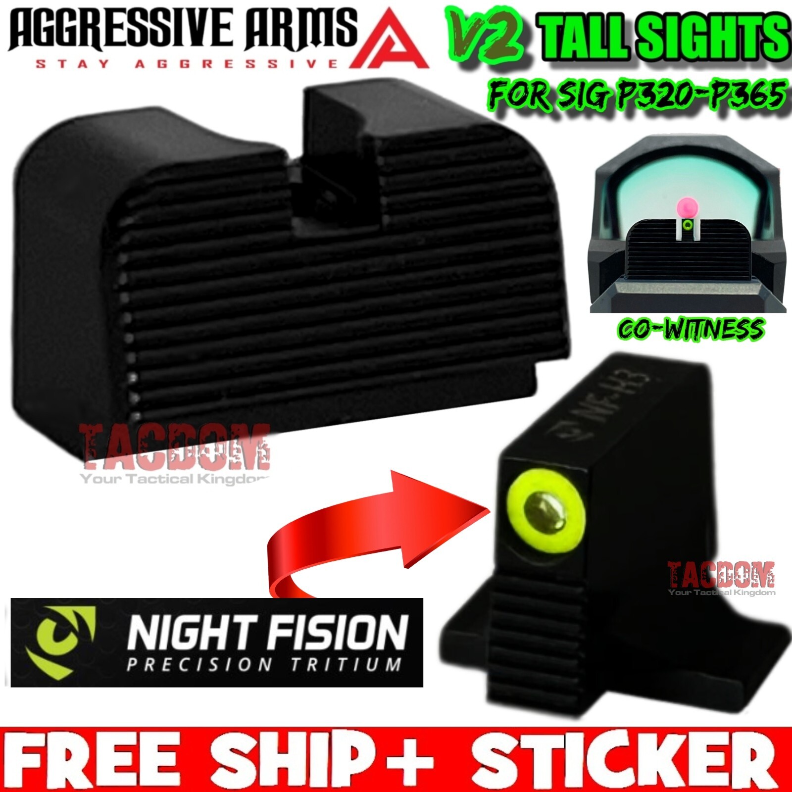 AGGRESSIVE ARMS STEEL NIGHT FISION SIGHTS TALL Height fr SIG 320 365 CO-WITNESS