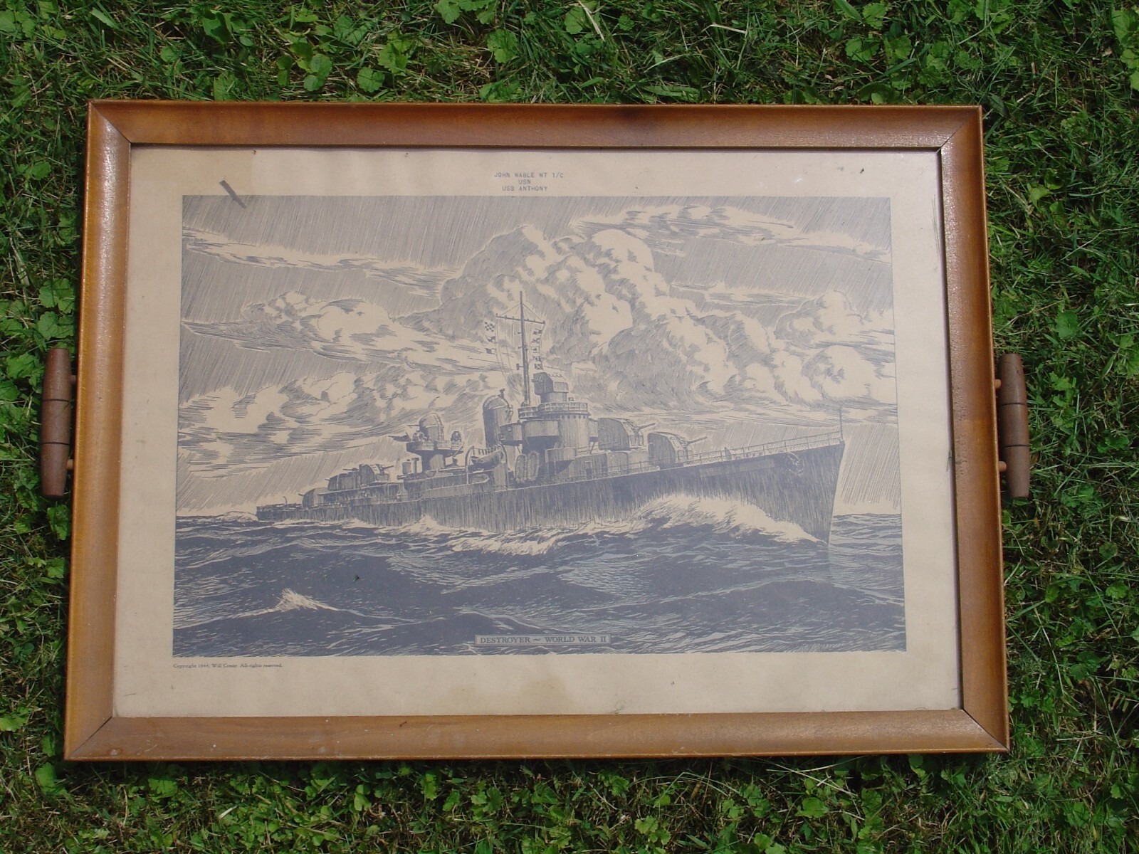 Vintage Wood Tray WWII WW2 Chaplain ? Will Cressy Print USN US Navy USS Anthony
