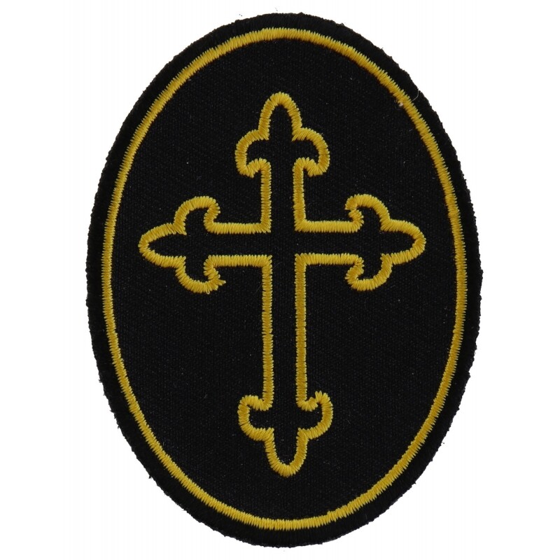 Patch (Iron-On or Sew-On), Christian Cross Oval Patch Yellow on Black, 2" x 3"