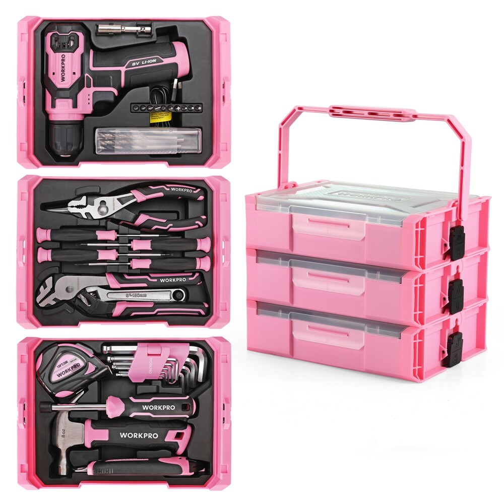 WORKPRO Cordless Drill Driver 43PCS Pink Tool Set 8V Lithium-ion Power Drill Bit