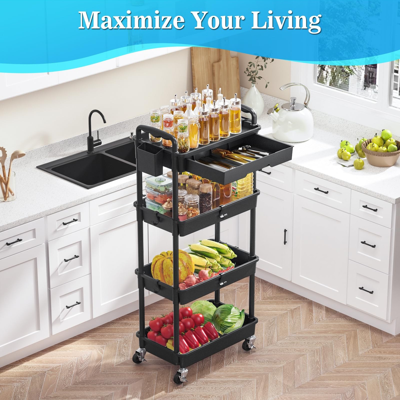 4 Tier Rolling Utility Cart with Drawer, Storage Organizer Cart with 2 Lockab...