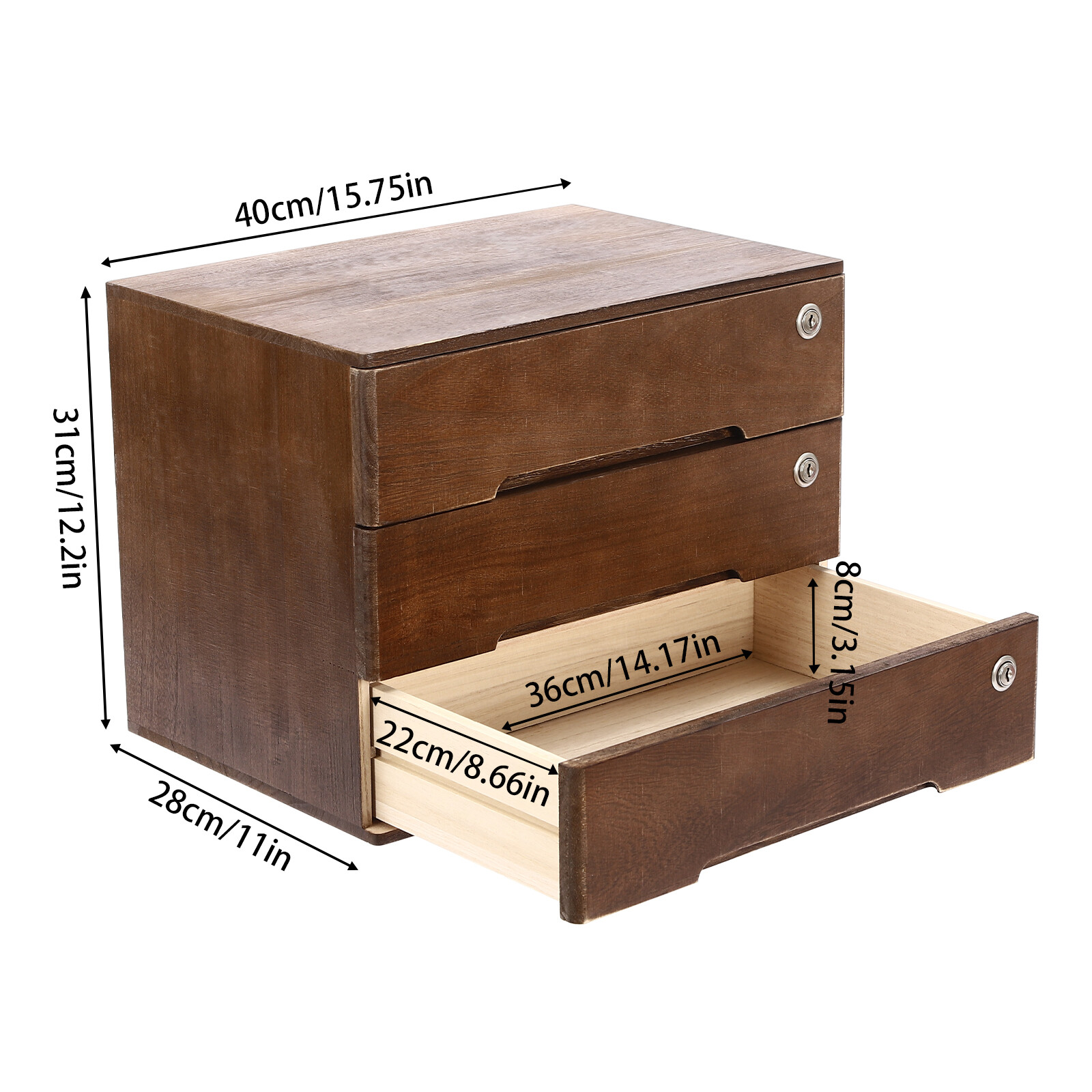 Walnut Desktop Storage Cabinet with 3 Lockable Drawers for Organized Workspaces