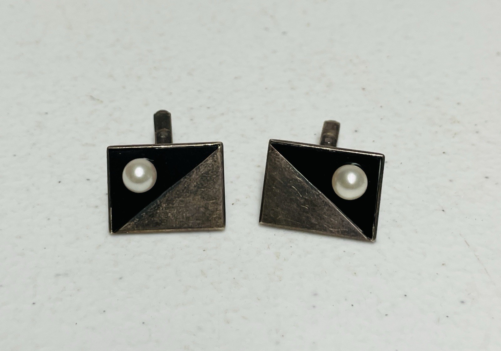 Silver Cufflinks Mens Black White Faux Pearl