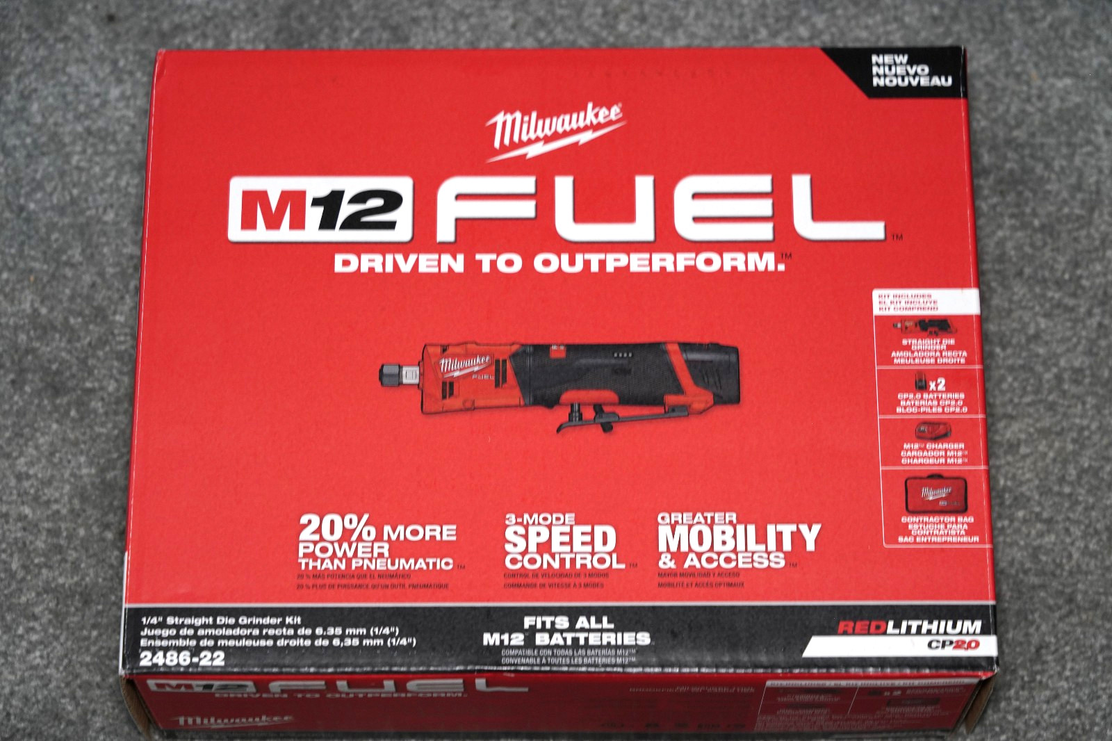 New! Milwaukee 2486-22  M12 FUEL 1/4" Straight  Die Grinder Kit w/ 2 Batteries