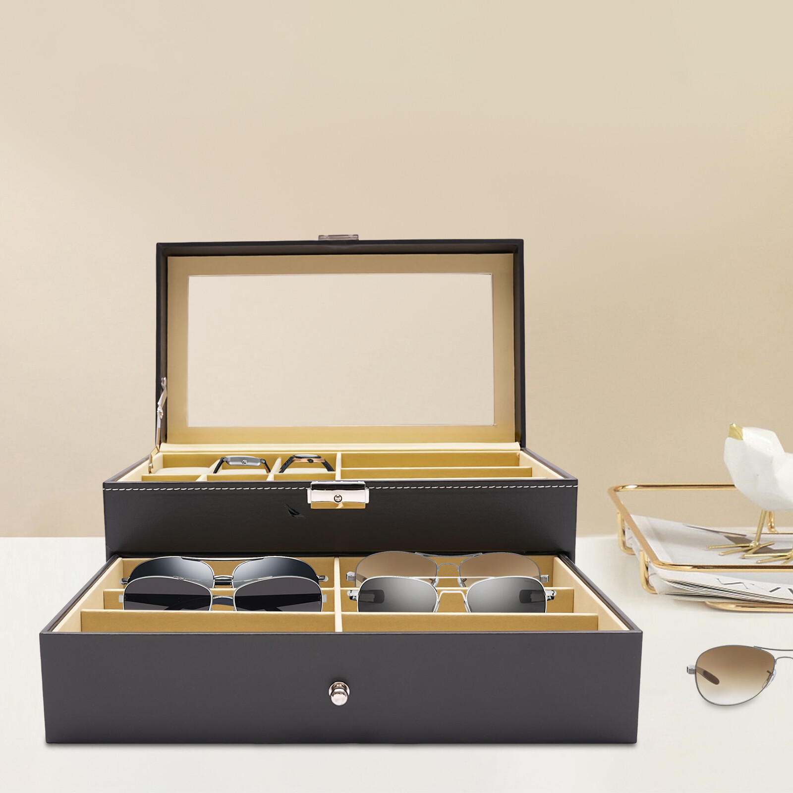 Watch Box PU Case Organizer 6 Slots Sunglasses Drawer Storage And Displa TOP