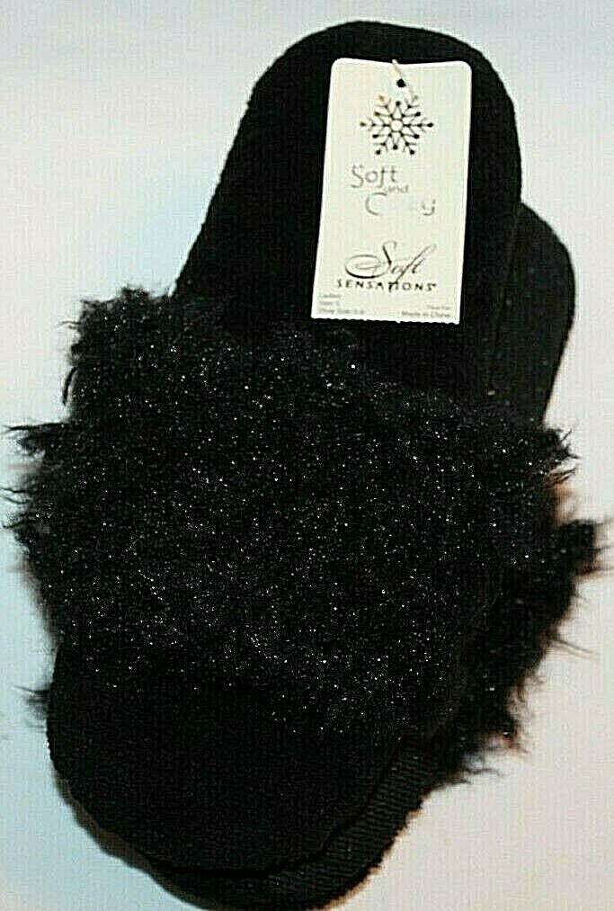 Soft Sensations Ladies Faux Fur Black Slippers   Size S