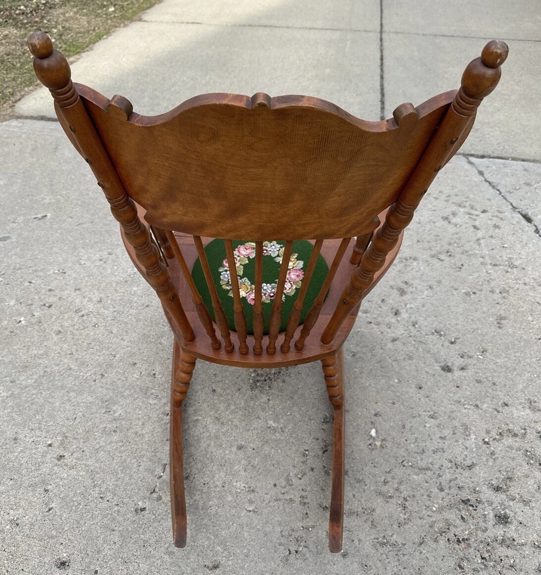 Vintage Victorian Rustic Maple Wood Spindle Back Needlepoint Seat Rocking Chair