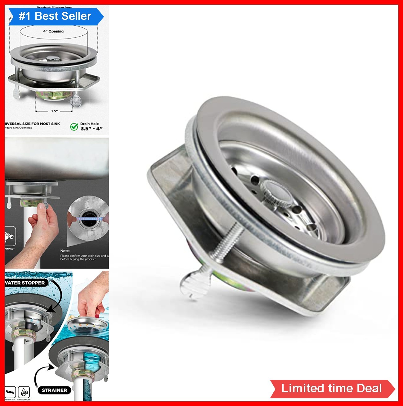 Stainless Steel Kitchen Sink Drain Assembly Strainer Basket Stopper EZ Connect