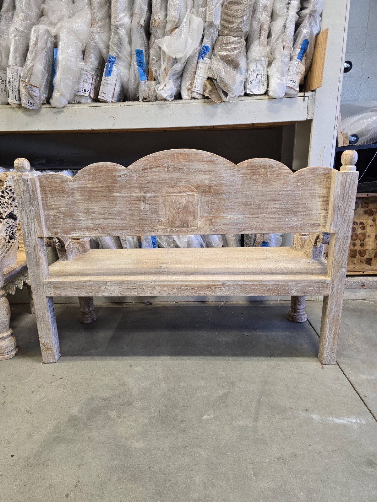 Reclaimed solid wood bench with floral carving design