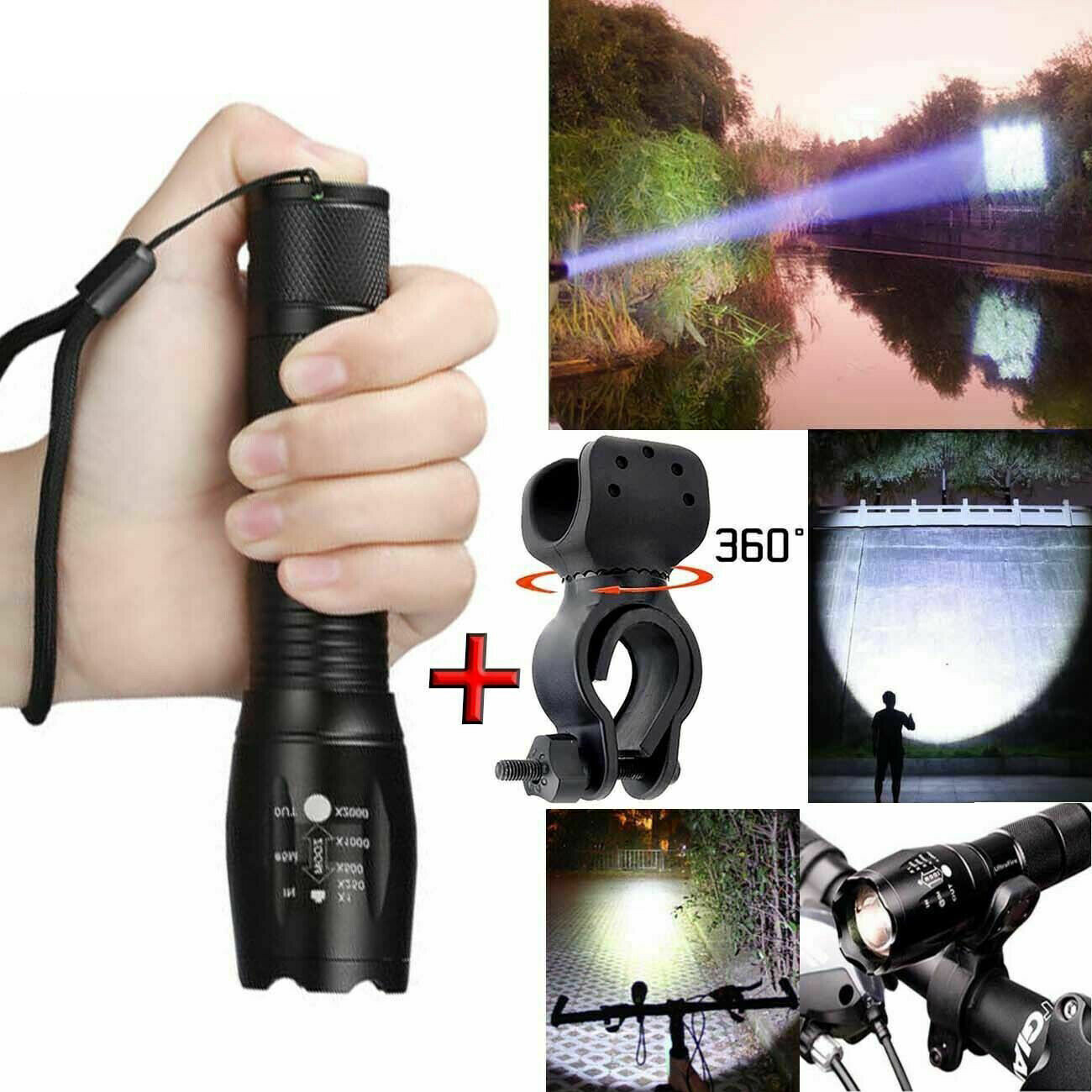 Led Flashlight Torch with 360° Swivel Bicycle Bike Mount Holder Clip Clamp