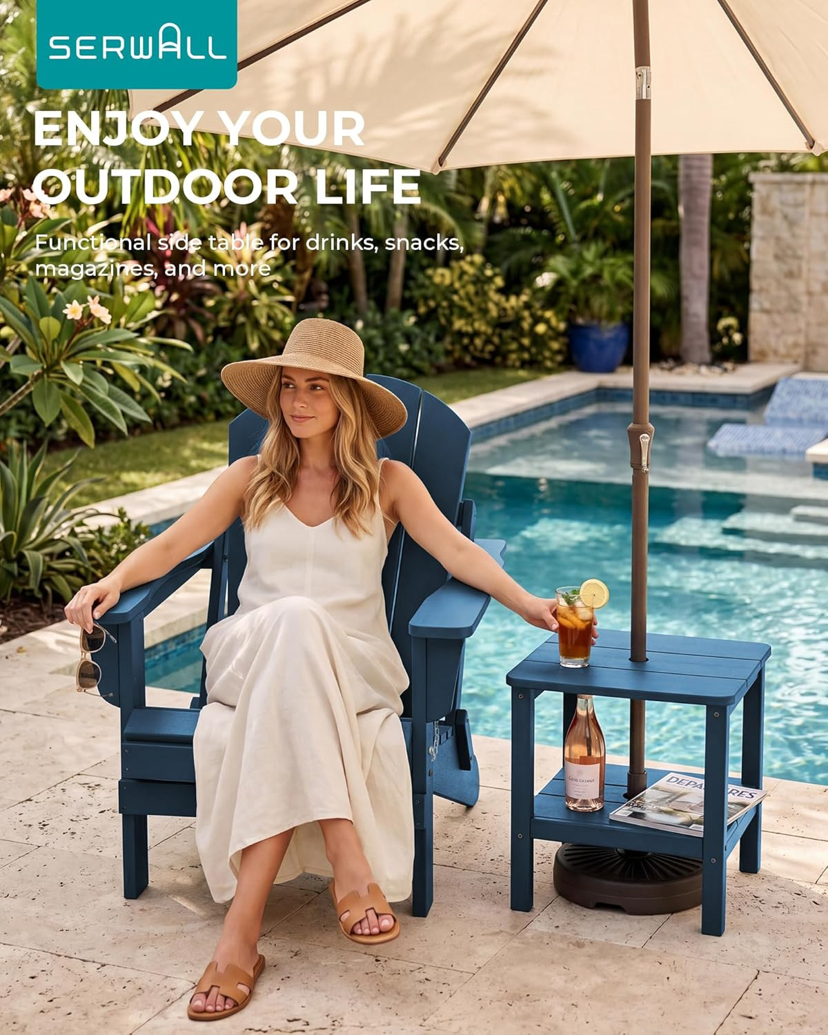 SERWALL Double Layer Adirondack Side Table with Umbrella Hole, HIPS Outdoor Side