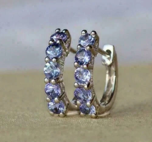 1.10 Ct Round Cut Tanzanite Huggie Hoop Earrings Women's 14k White Gold Finish