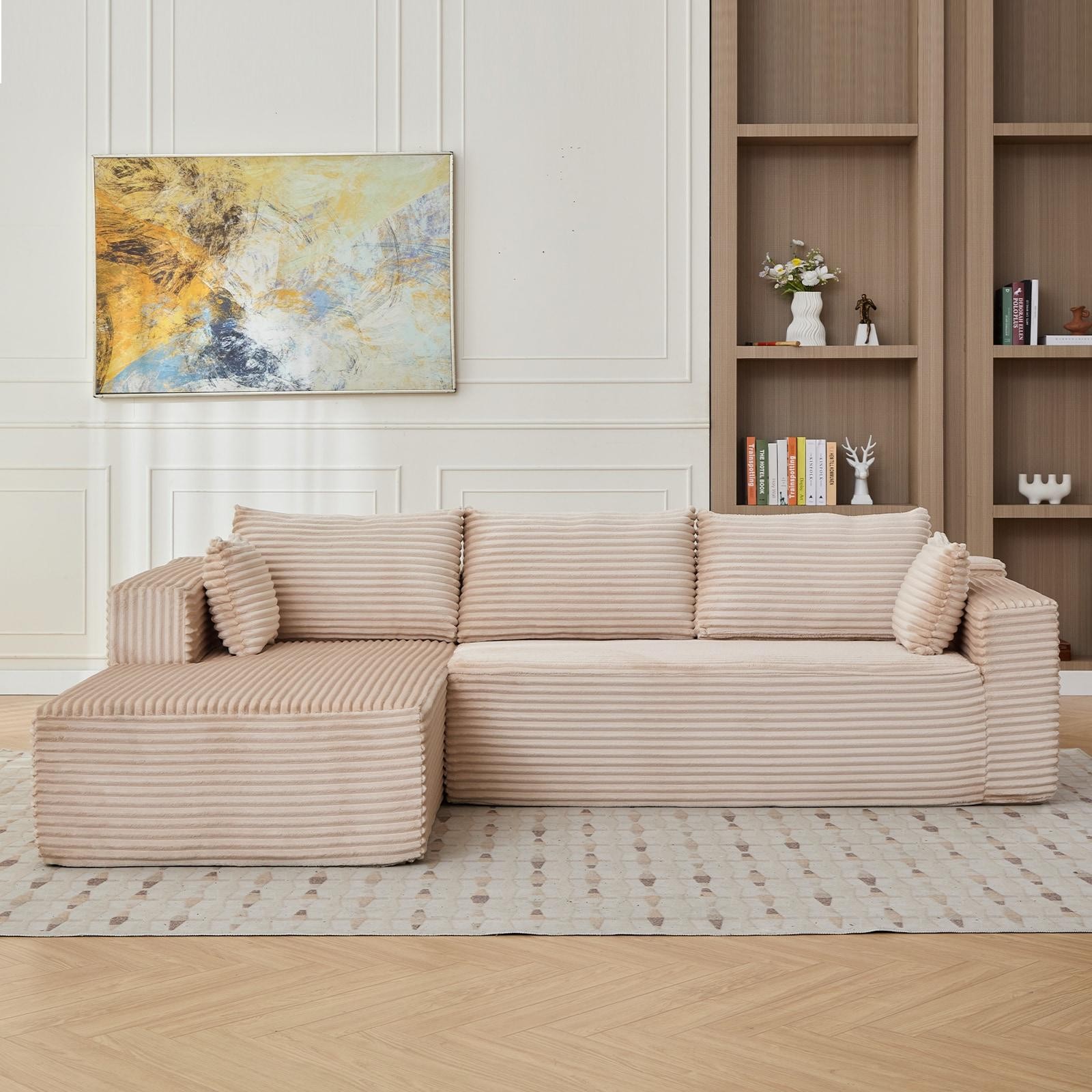 Compression Sectional Couch W/ Chaise | L-Shape Sleeper Sofa | Corduroy Beige