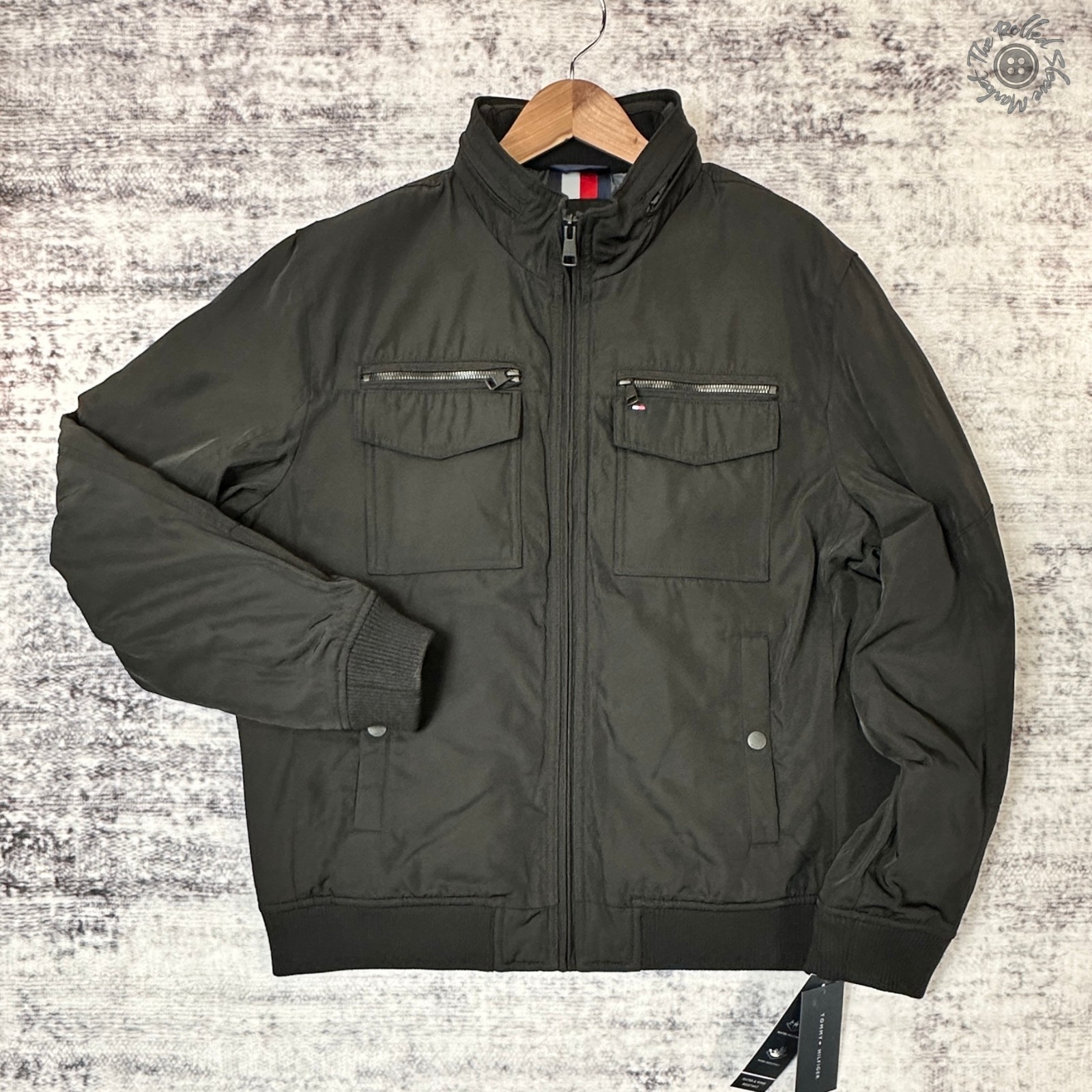NWT Tommy Hilfiger Men's XL Bomber Jacket Black Stowaway Hood Wind/Water Resist