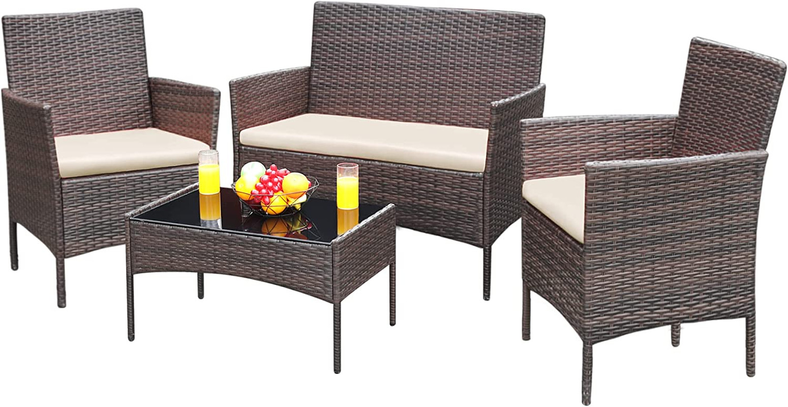 Patio Furniture 4 Pieces Conversation Sets Outdoor Wicker Rattan Chairs Garden