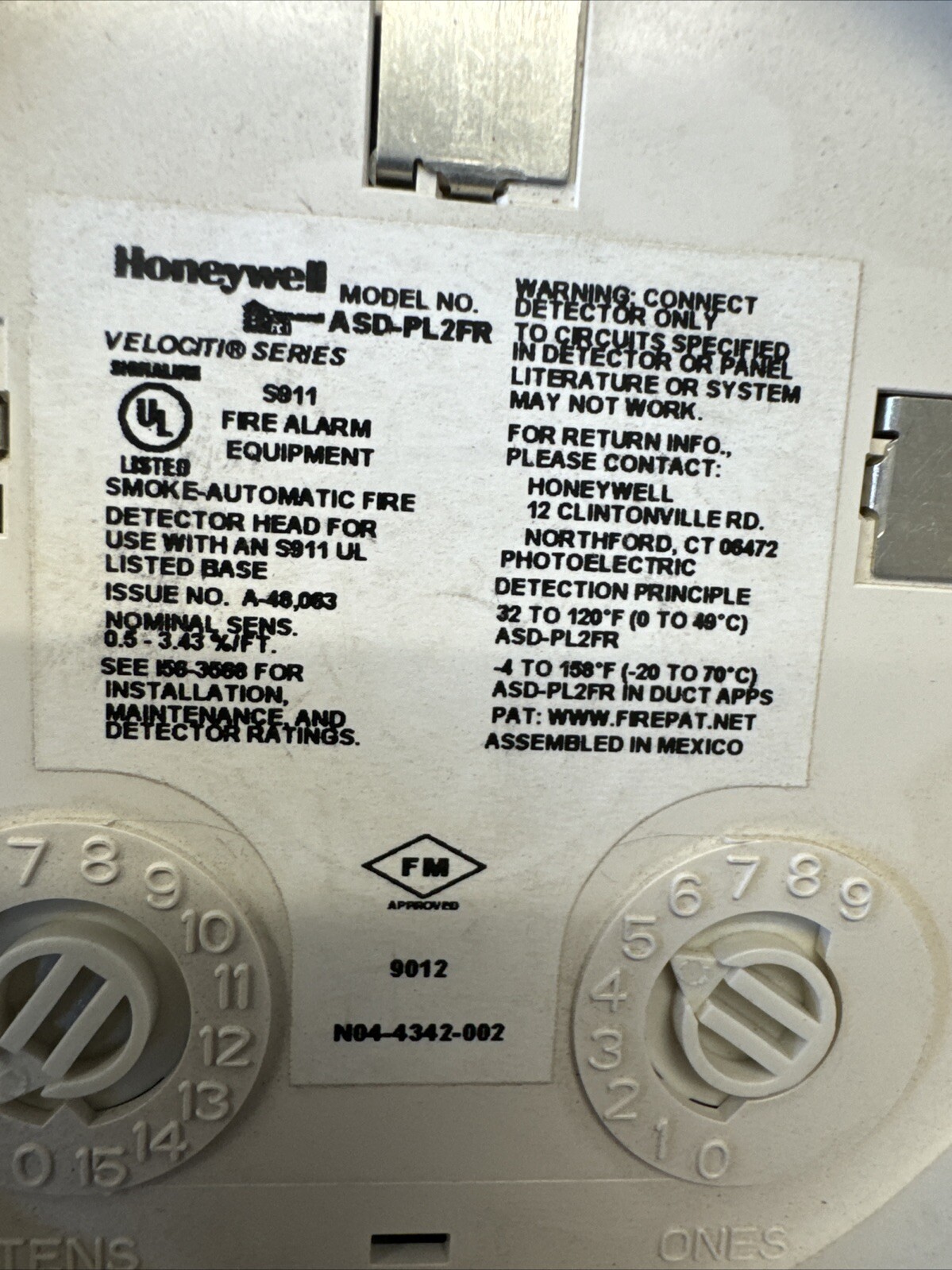 HONEYWELL ASD-PL2FR SMOKE AUTOMATIC FIRE DETECTOR FIRE ALARM