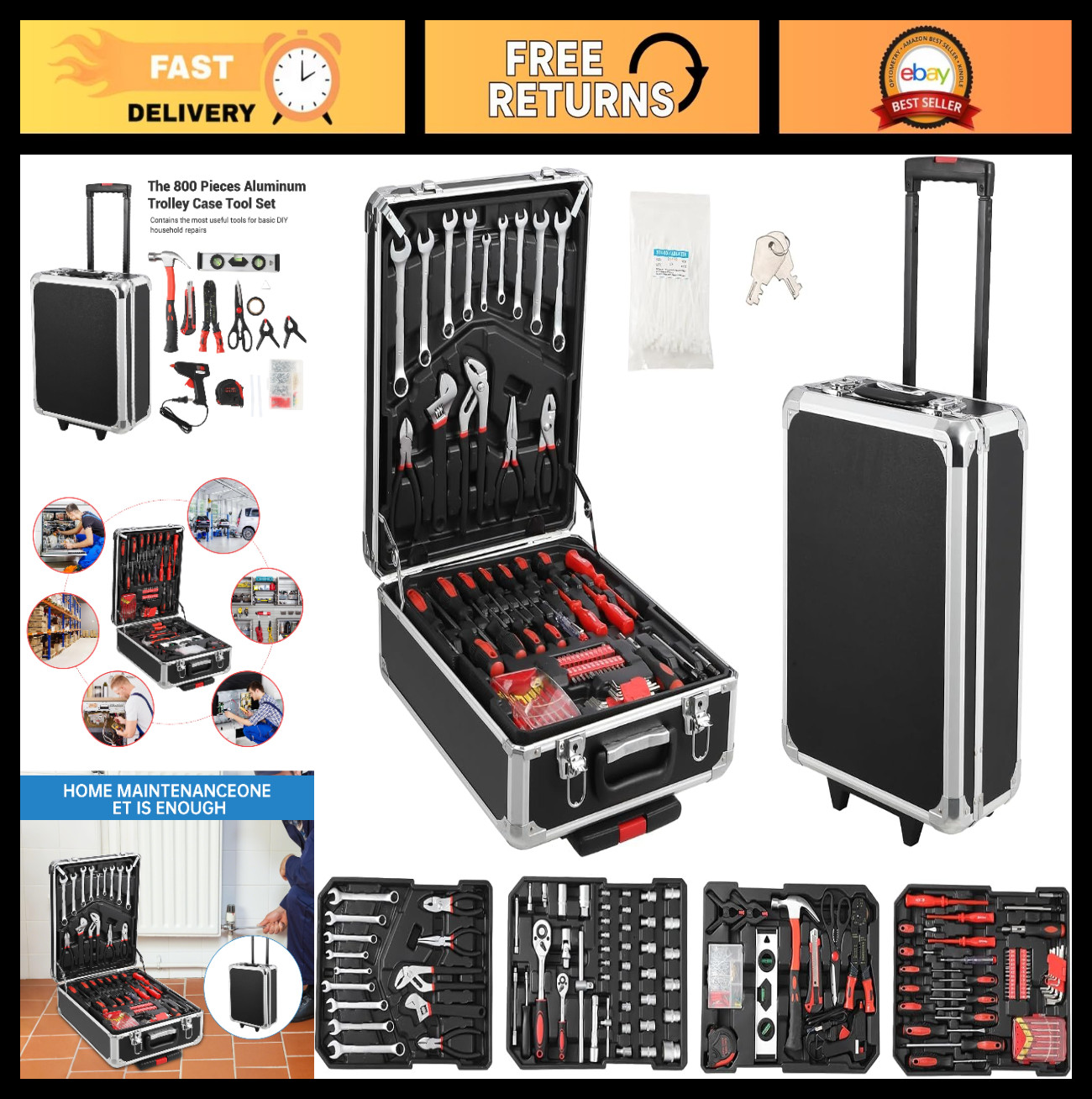 800 PCS Home Tool Set with Rolling Toolbox, Mechanic Repair Kit, DIY Hand Tools