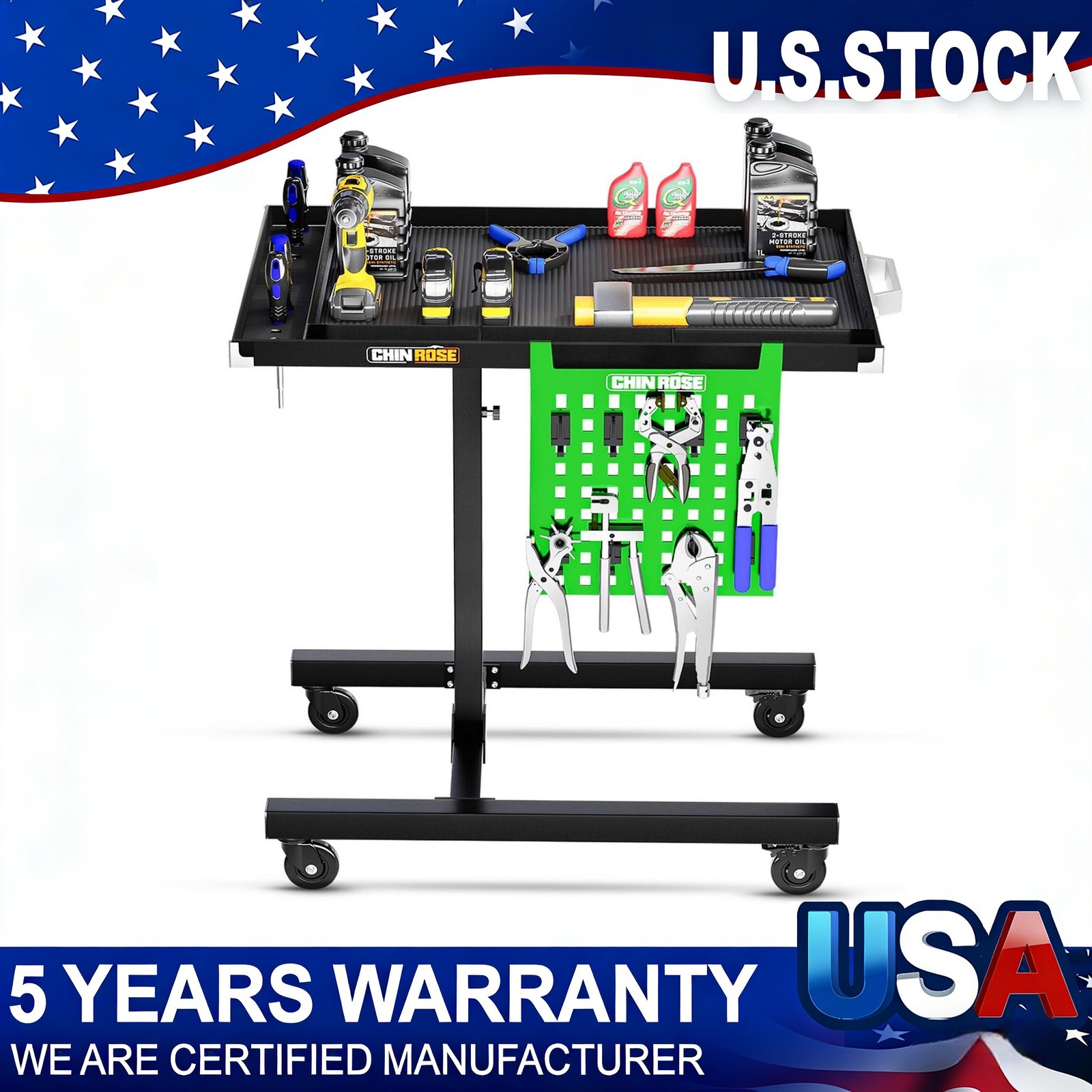 Rolling Tool Tray with Wheels Adjustable Height Mobile Work Table 500Lb Capacity