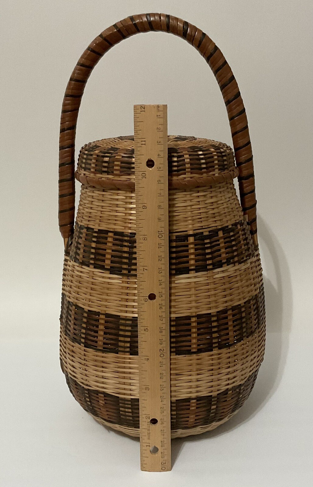 Barrel Shape Decorative Storage Basket with Lid Brown Stripes Handle Woven