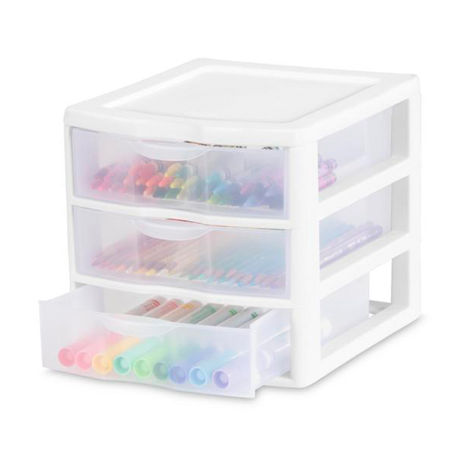 Sterilite ClearView Plastic Small 3 Drawer Desktop Storage Unit, White, 6 Pack