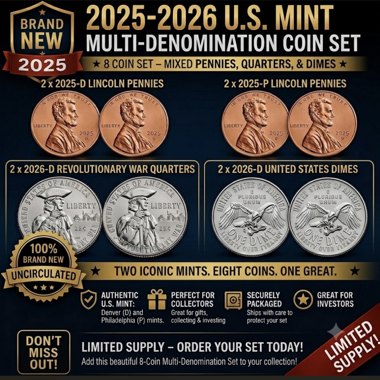 8 Coins Set. 2026-D Rev. War Quarter & Dime + 2025 P&D Penny set Uncirculated
