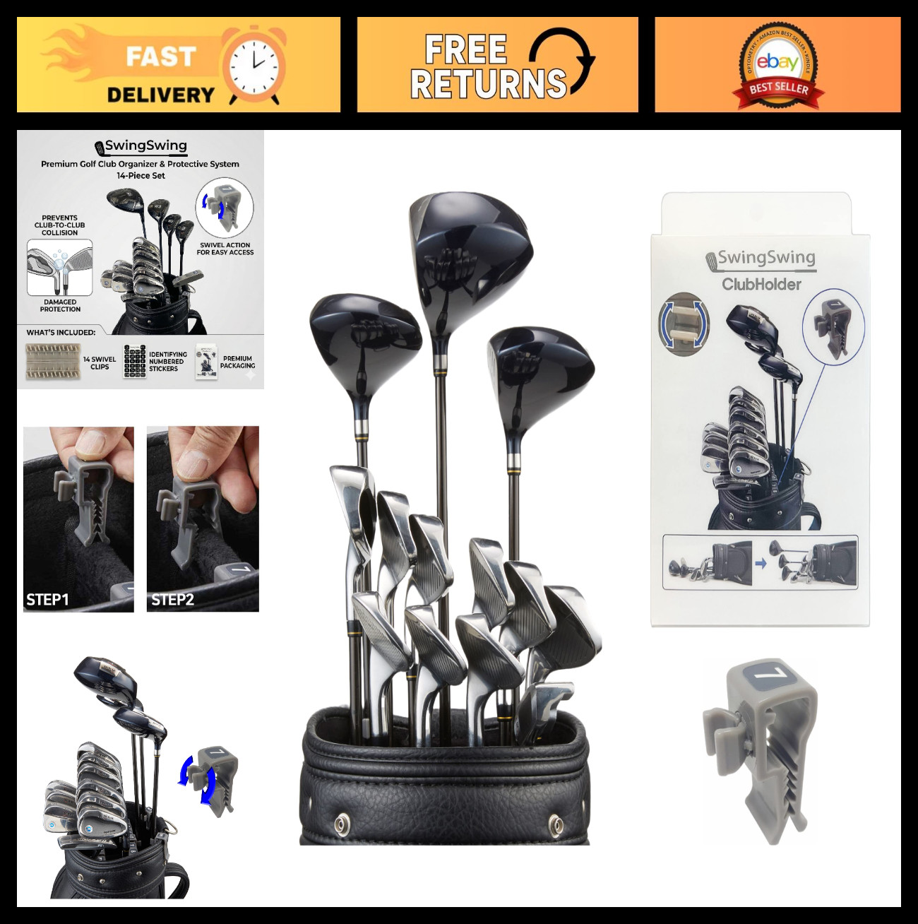 Premium Golf Club Holder Clips Set | 14 Swivel Organizing Clips with Numbered St