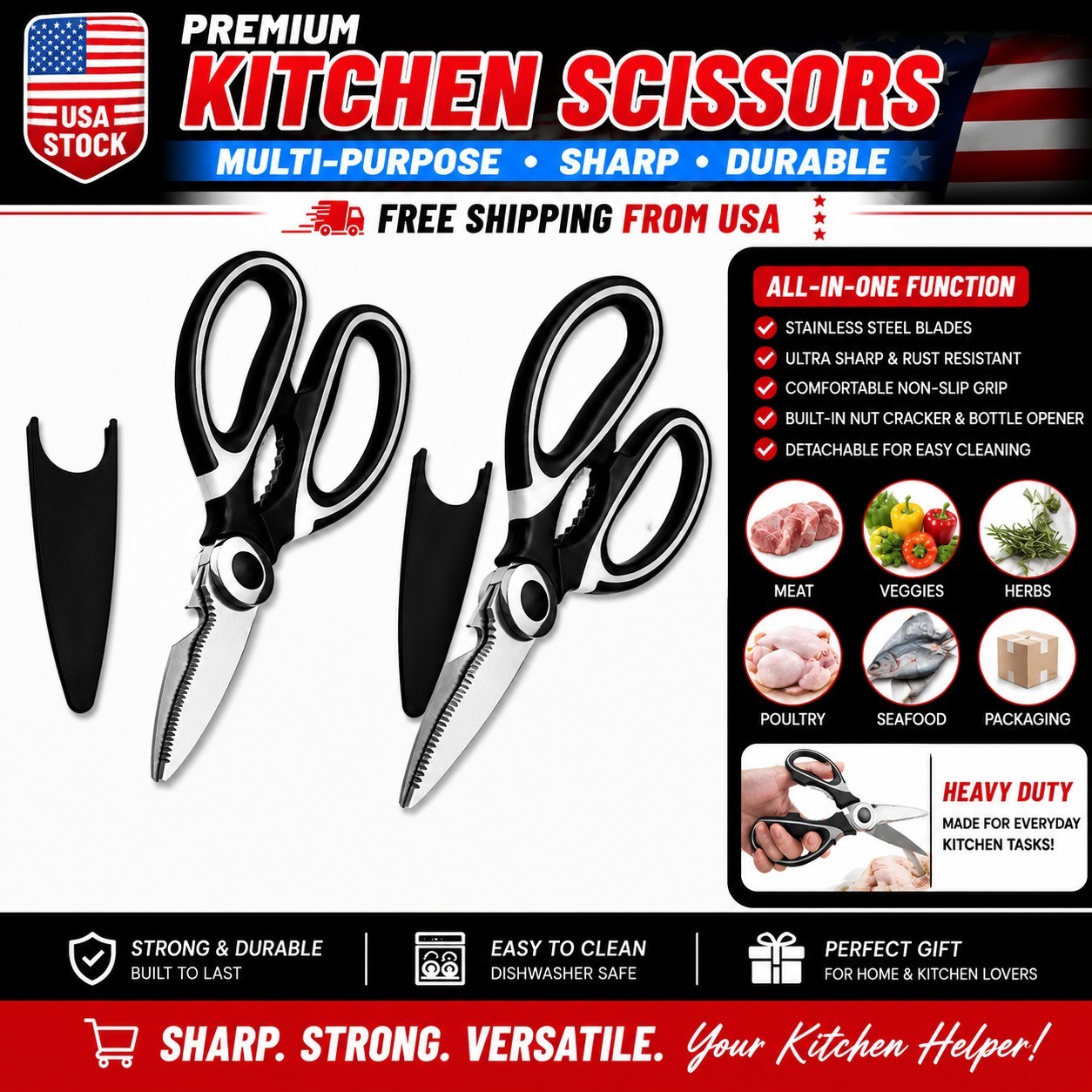 2 Stainless Steel Kitchen Shears Heavy Duty Scissors for Meat Fish Chicken Bones