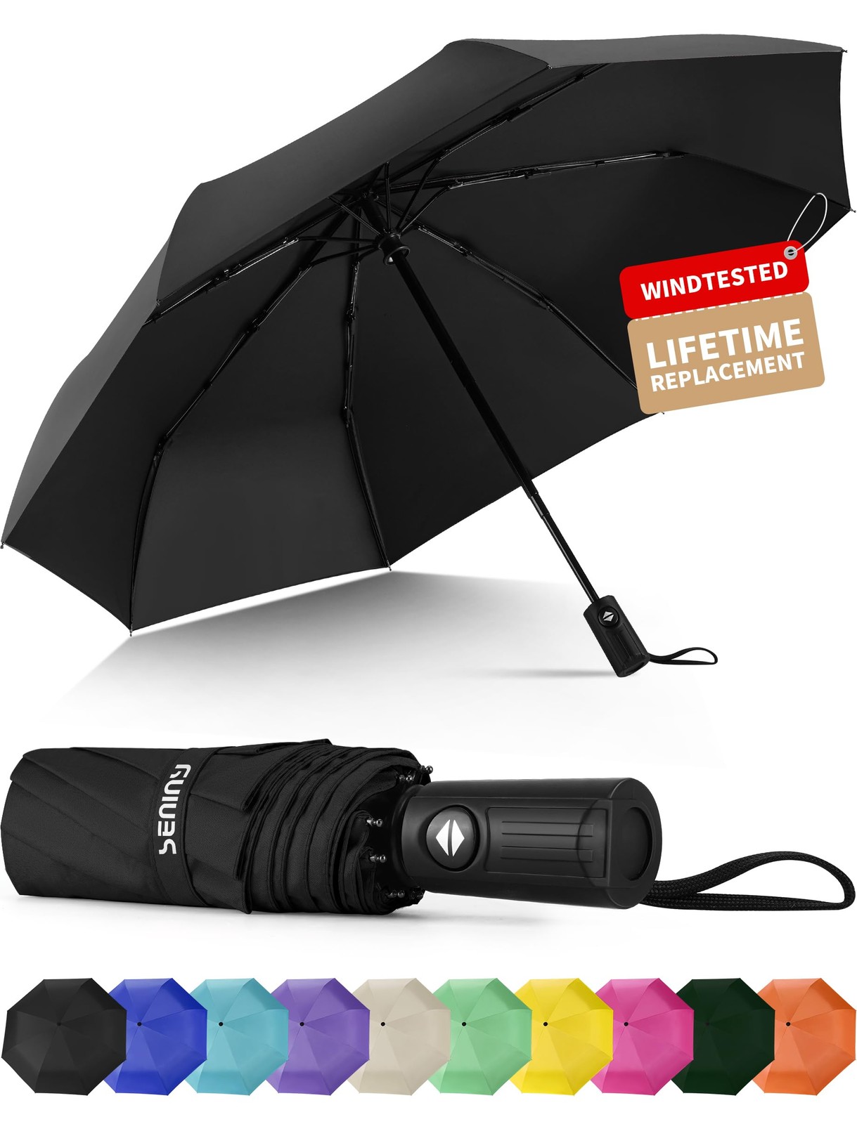 Seniny Windproof Travel Umbrella, Automatic Umbrellas for 38 inches, Black