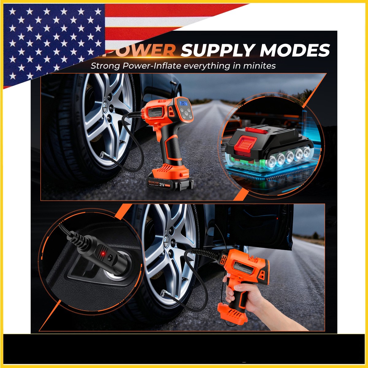 Tire Inflator 2X Faster 160PSI 21V Rechargeable Battery Powered 25L/min Airflow