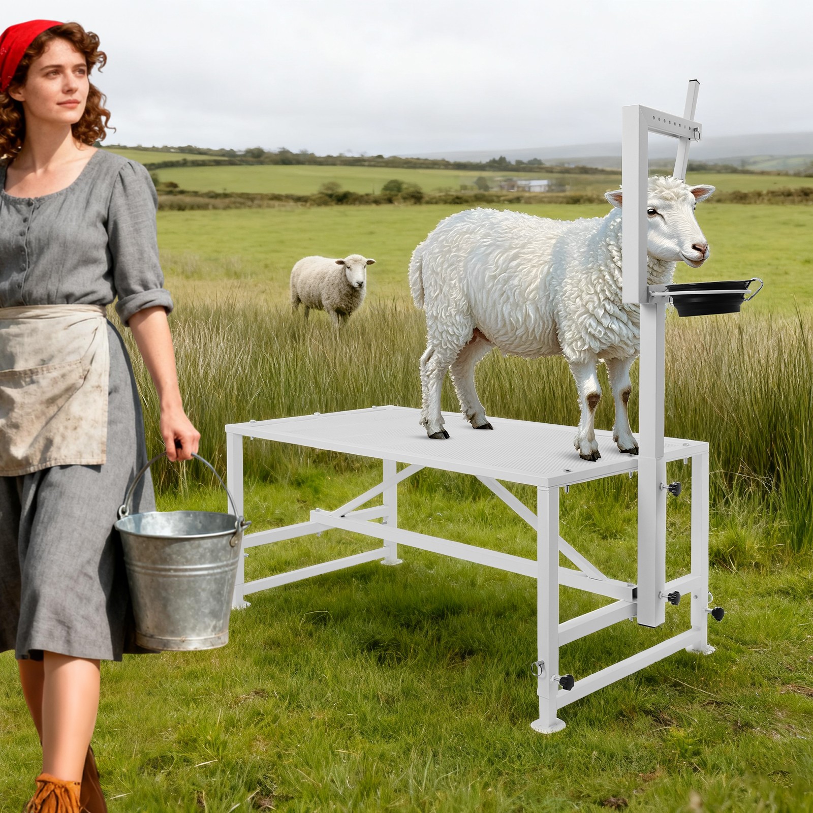 Goat Milking Stand, Metal Goat Stand with Headpiece and Feeding Bin