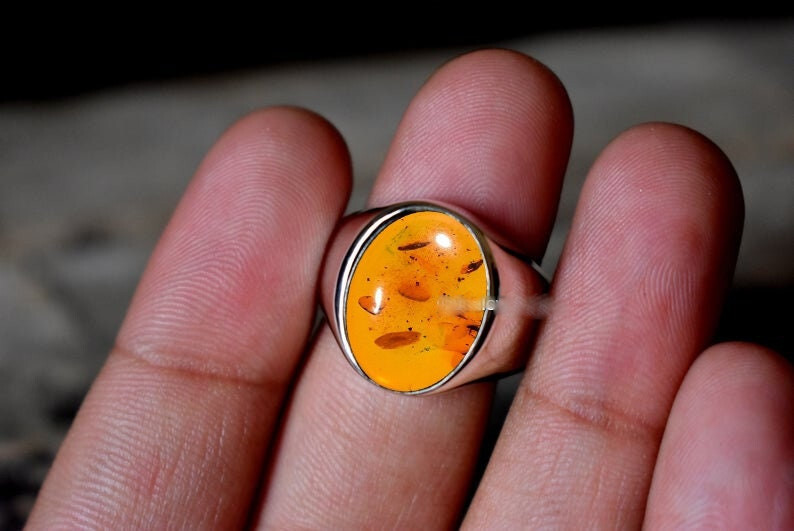 Solid 925 Sterling Silver Natural Baltic Amber Gemstone Birthday Gift Men's Ring